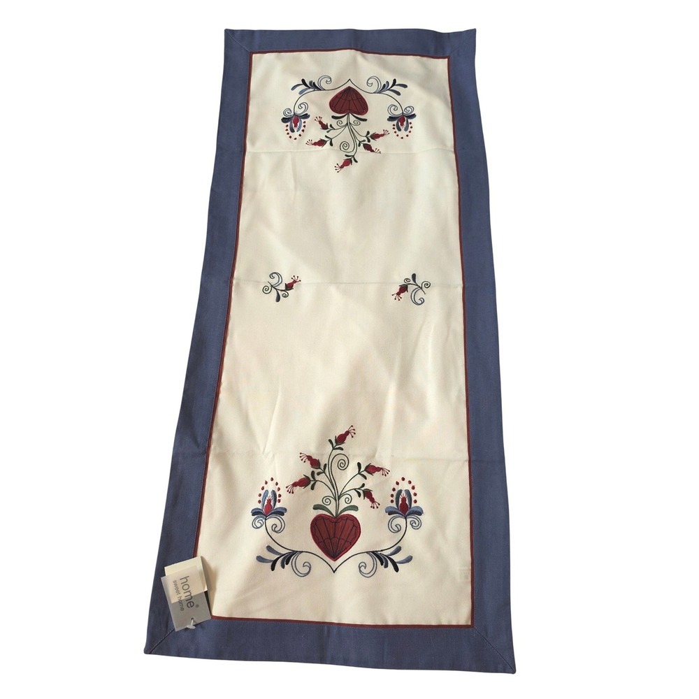 Vintage Nordic Home Sweet Home‎ Embroidered Floral Heart Table Runner Cream
